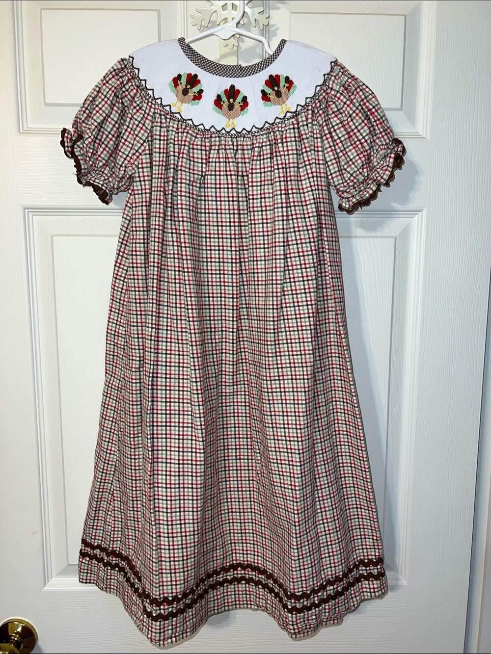 Girls Plaid Smocked Dress with Turkey Motif - Red & Green